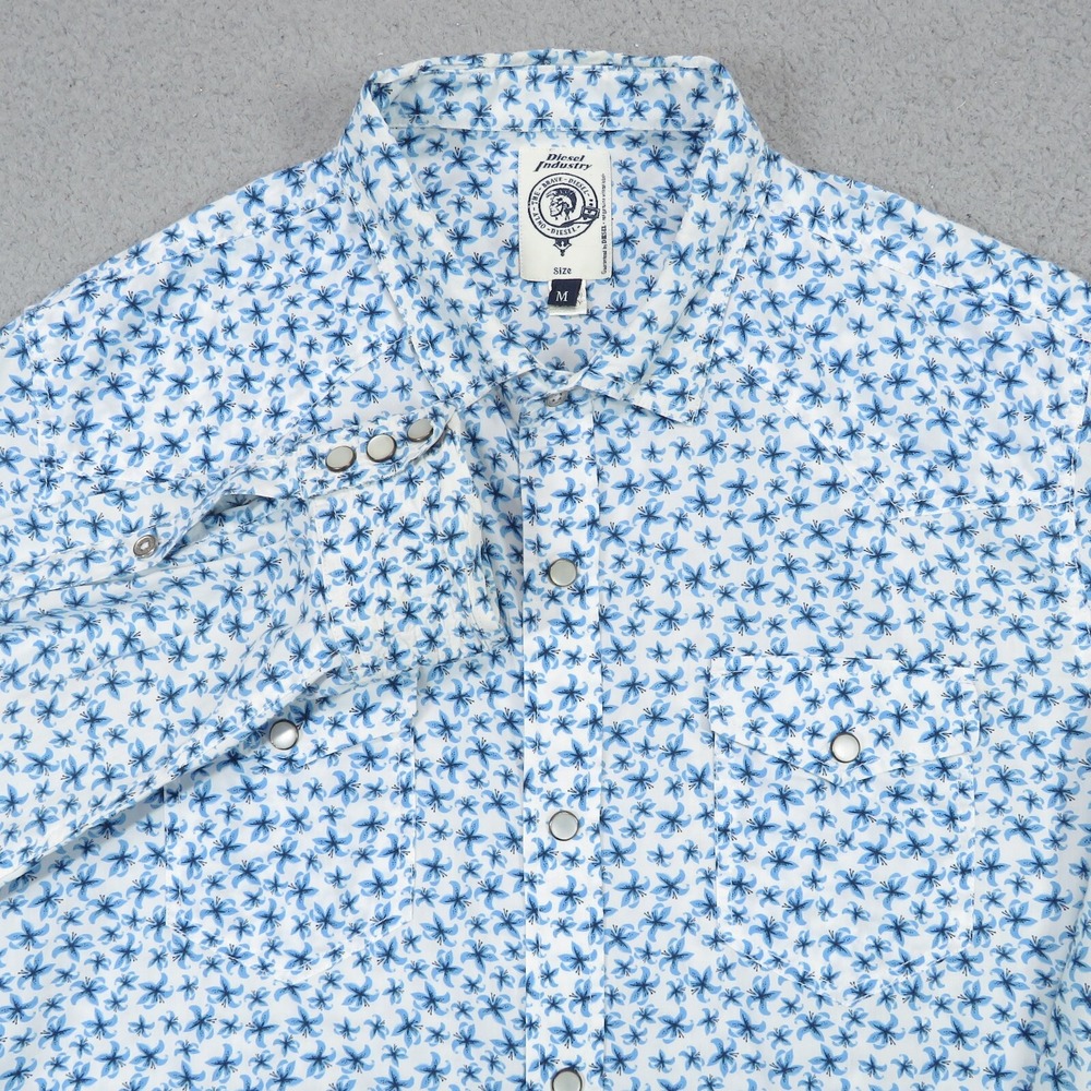 Diesel Mens Medium Blue White Western Pearl Snap Floral Long Sleeve Shirt
